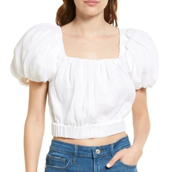 NEW FRAME Ruched Crop Puff Sleeve Blouse Blanc White - Picture 1 of 14